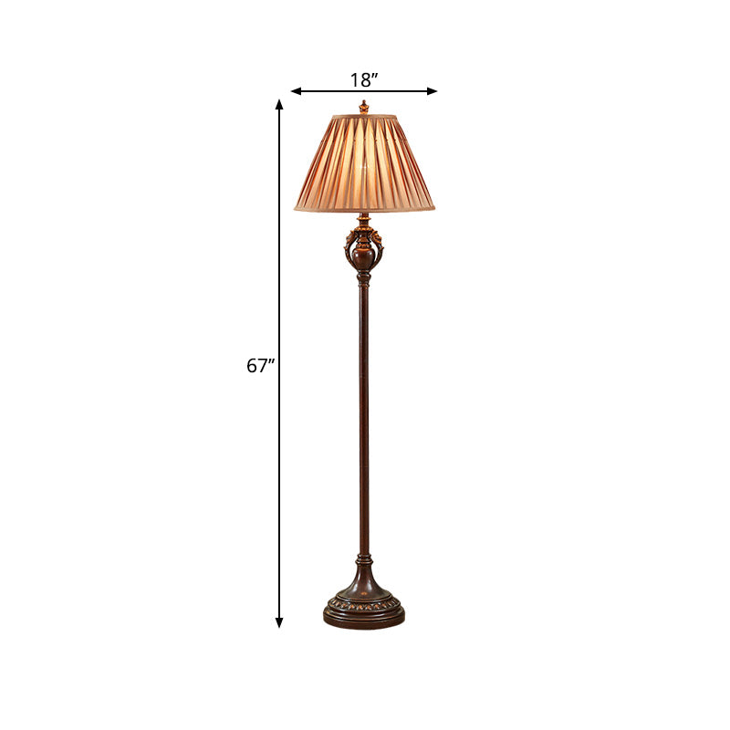 Brown Pleated Tapered Shade Floor Light Retro Fabric 1-Bulb Living Room Floor Reading Lamp