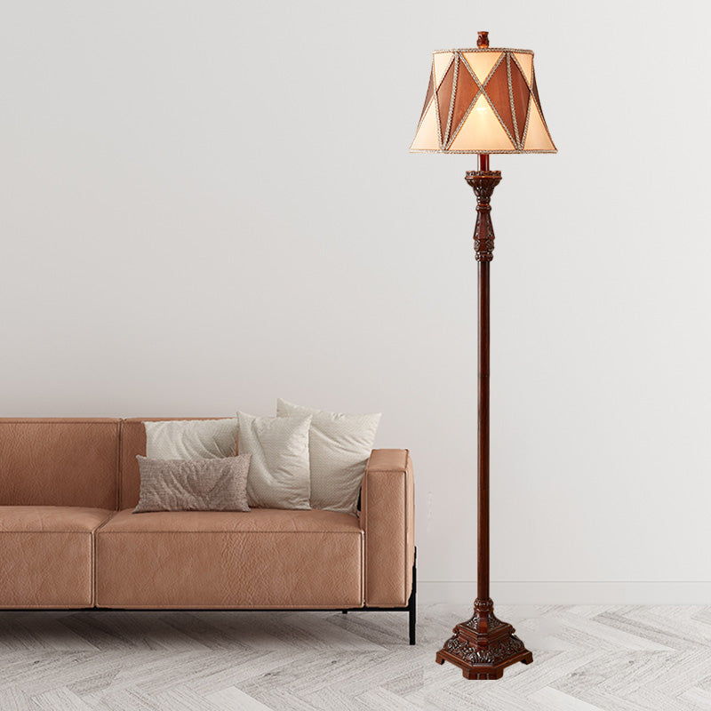 Red Brown 1 Bulb Floor Light Antiqued Style Fabric Flared Shade Floor Standing Lamp with Harlequin Design