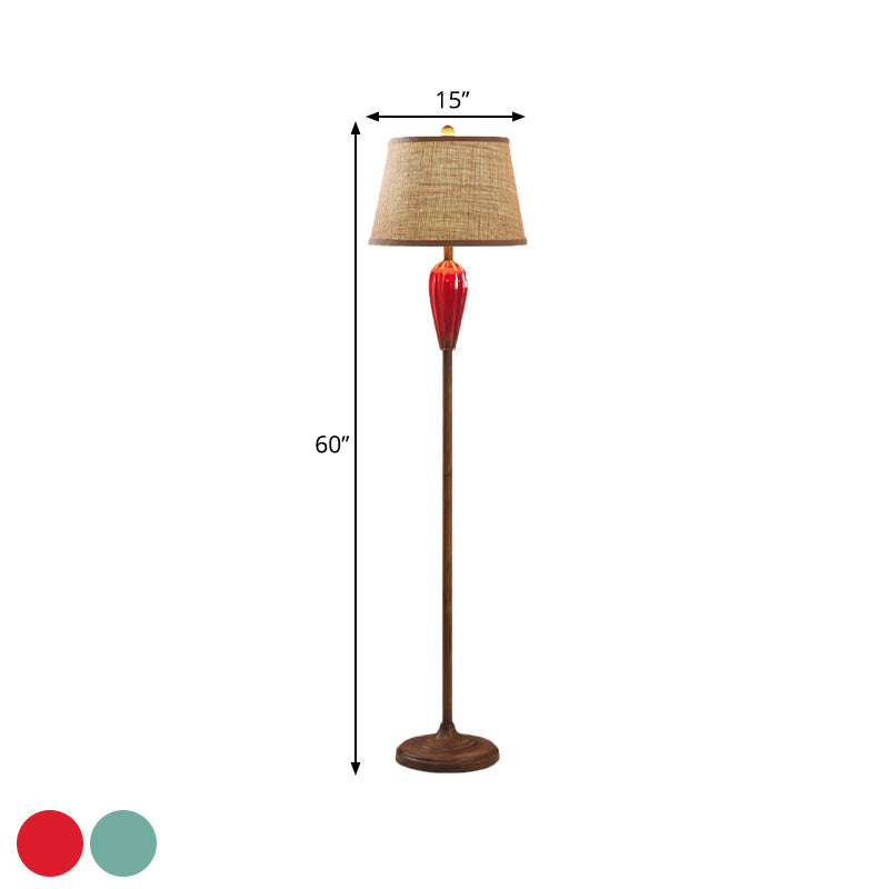 Red/Blue Urn Shape Standing Light Retro Style Porcelain 1 Head Guest Room Floor Lamp with Tapered Fabric Shade