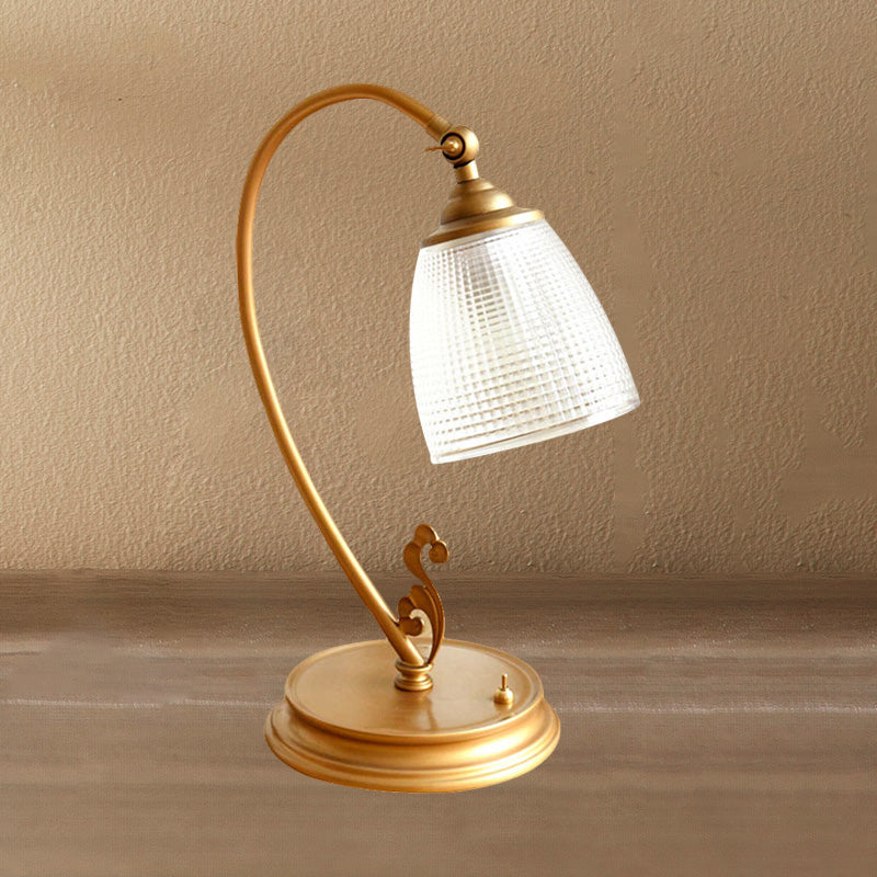 Gold 1 Bulb Desk Light Vintage Metal Swooping Arm Night Table Lamp with Flared Clear Glass Shade