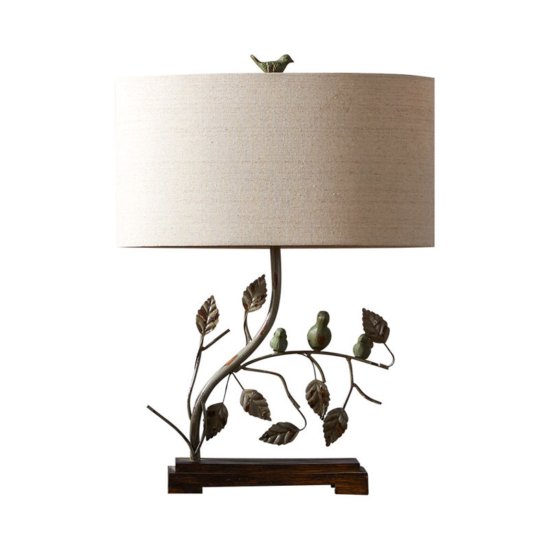 Metallic Leaf Design Table Lamp Vintage 1-Light Bedroom Desk Light in Brown with Drum Fabric Shade