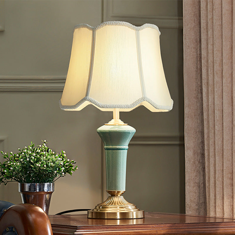 Porcelain Blue Desk Light Column-Shaped Base 1 Light Traditional Table Lamp with Ruffle Edged Fabric Shade