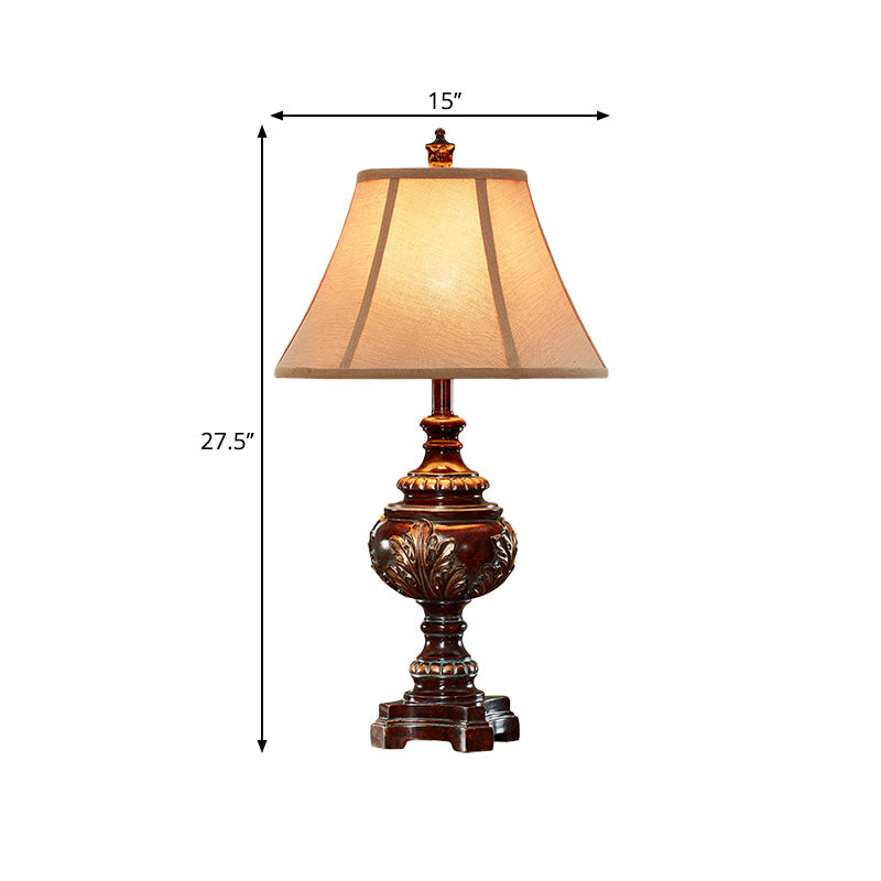 1 Head Bell Shade Nightstand Lamp Traditional Style Brown Fabric Desk Light for Bedside