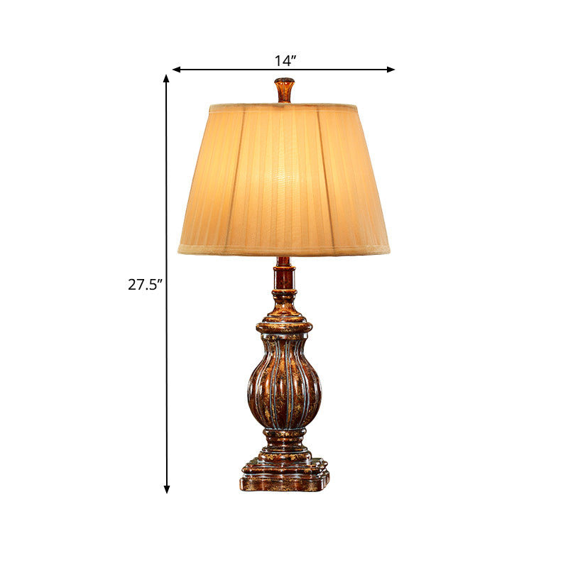 Antique Style Empire Shade Desk Light 1 Bulb Fabric Night Table Lamp in Brown with Resin Base