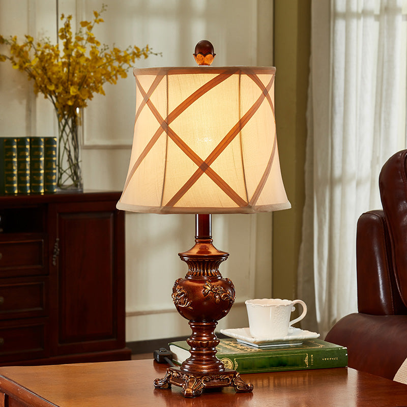 Brown Urn Base Desk Light Vintage Style Resin 1 Head Table Lamp with Fabric Shade