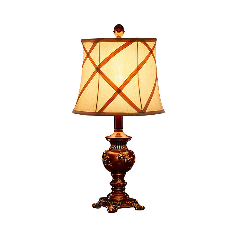 Brown Urn Base Desk Light Vintage Style Resin 1 Head Table Lamp with Fabric Shade