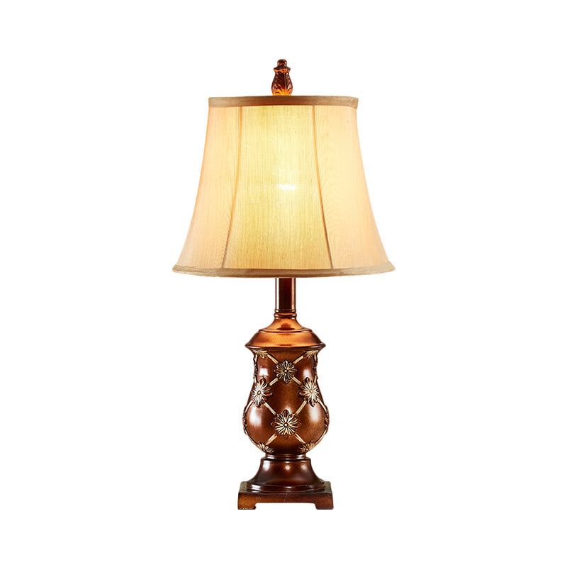 Fabric Bell Shade Night Stand Lamp Traditional Style 1-Bulb Desk Light in Brown with Urn Base