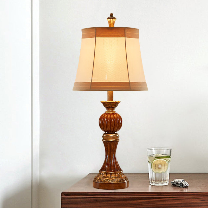 Brown Baluster Base Desk Light Vintage Resin 1 Bulb Study Room Night Stand Lamp with Fabric Shade