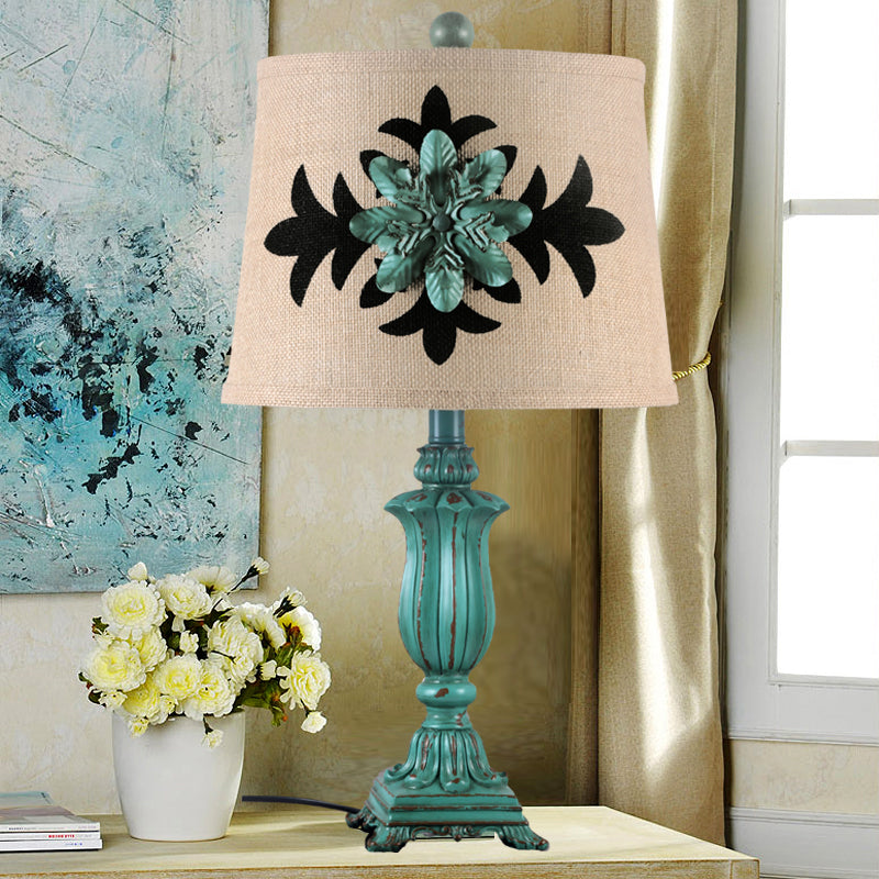 21"/30" H Barrel Shaped Desk Light Vintage Style 1 Bulb Fabric Night Table Lamp in Blue for Guest Room