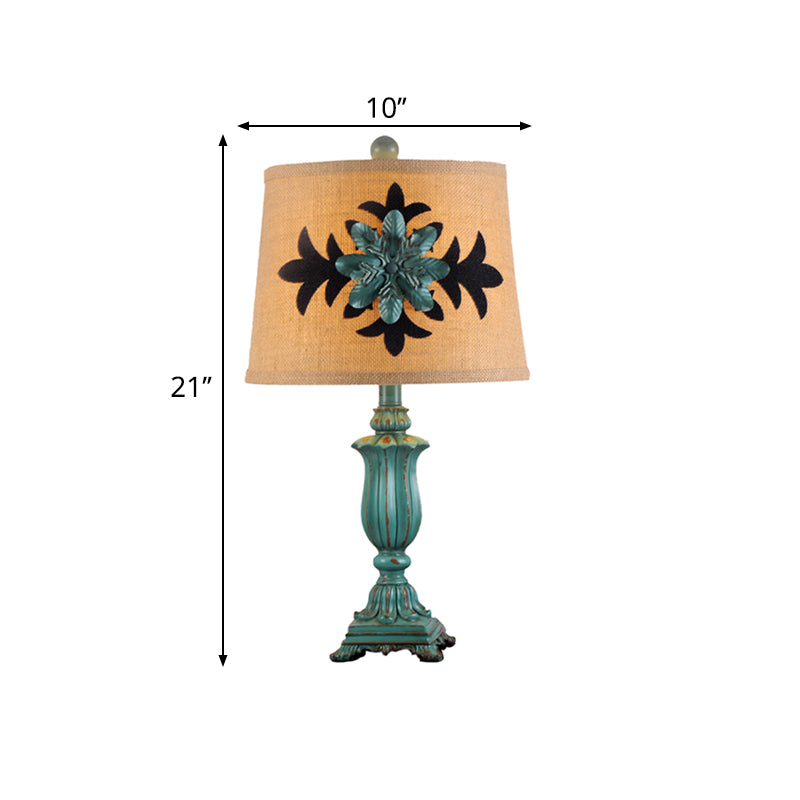 21"/30" H Barrel Shaped Desk Light Vintage Style 1 Bulb Fabric Night Table Lamp in Blue for Guest Room