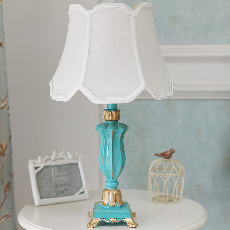 White/Blue Flared Shade Night Table Lamp Traditional Style Fabric 1-Head Bedroom Desk Light