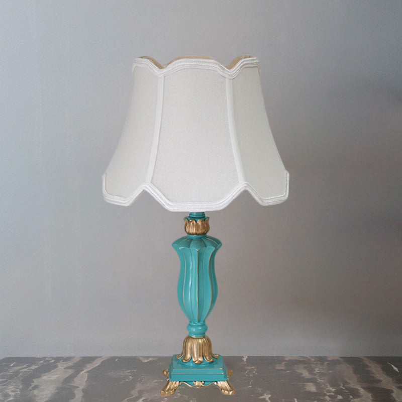 White/Blue Flared Shade Night Table Lamp Traditional Style Fabric 1-Head Bedroom Desk Light