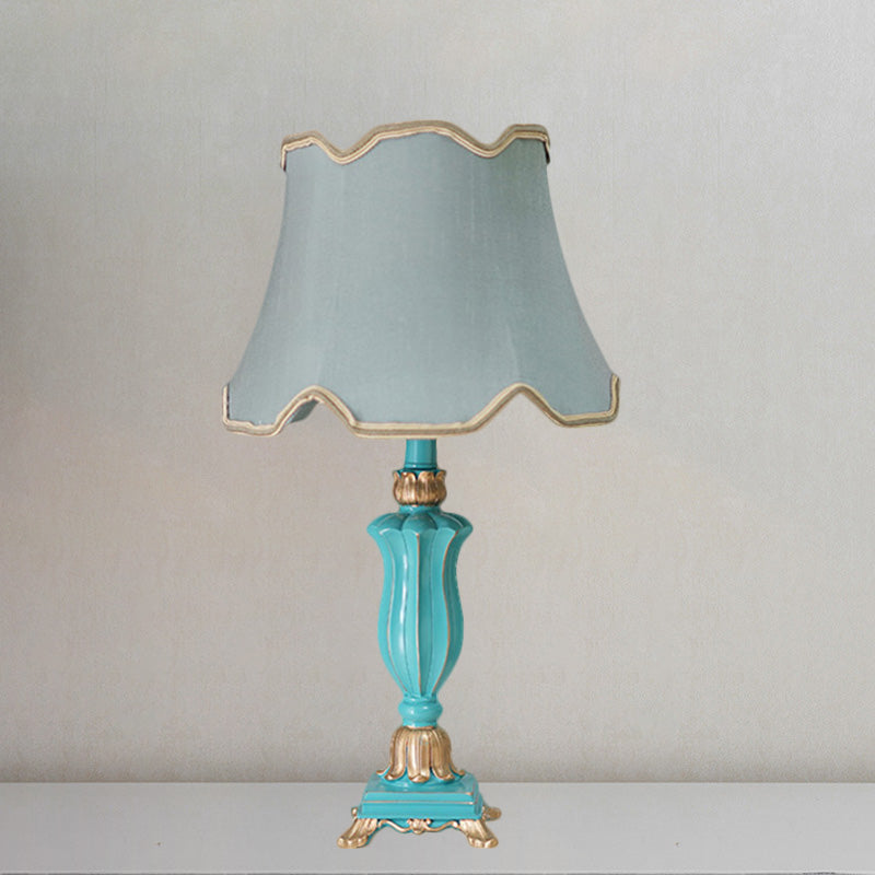 White/Blue Flared Shade Night Table Lamp Traditional Style Fabric 1-Head Bedroom Desk Light