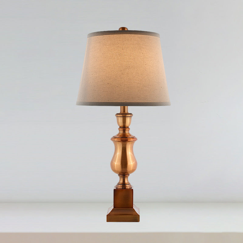 Metallic Baluster Desk Light Vintage Style 1 Head Bedside Table Lamp in Brown with Conical Fabric Shade