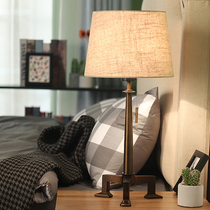 Bronze 1 Bulb Table Lamp Countryside Style Fabric Tapered Shade Desk Light with Pull Chain