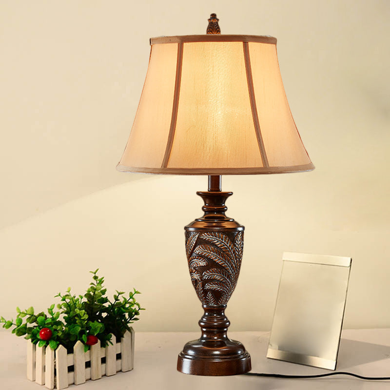 Bronze 1 Light Desk Light Traditional Fabric Bell Shaped Table Lamp with Font Resin Base