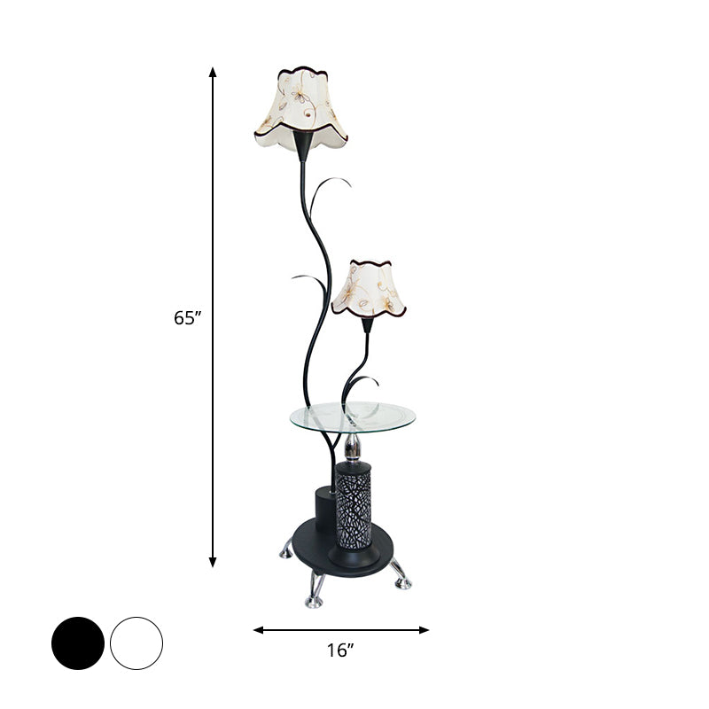 Black/White 2 Bulbs Floor Light Countryside Style Iron Branch Design Standing Lamp with Floral Shade