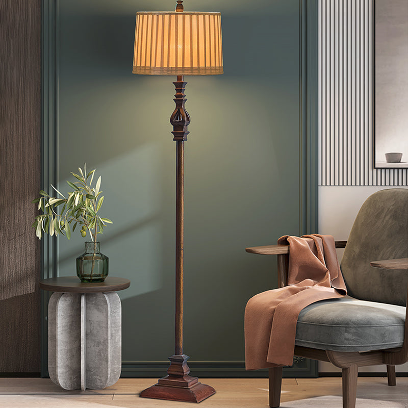 Square Pedestal Standing Floor Lamp Retro 1-Light Resin Floor Light in Brown with Pleated Fabric Shade