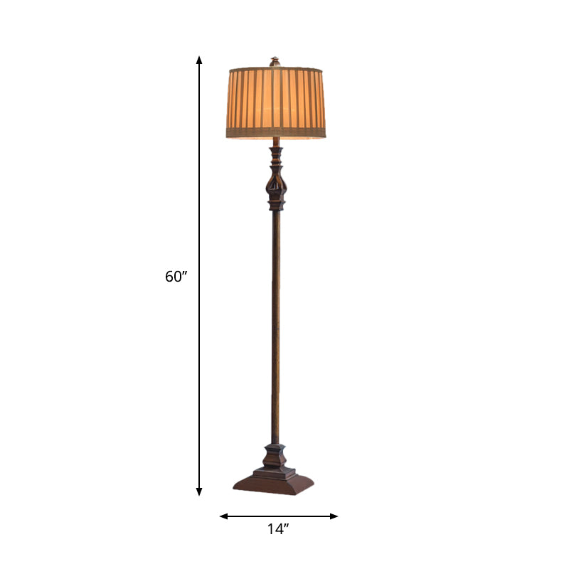 Piédestal carré Planche debout lampadaire rétro à 1-Light Resin Light en marron avec une teinte en tissu plissé