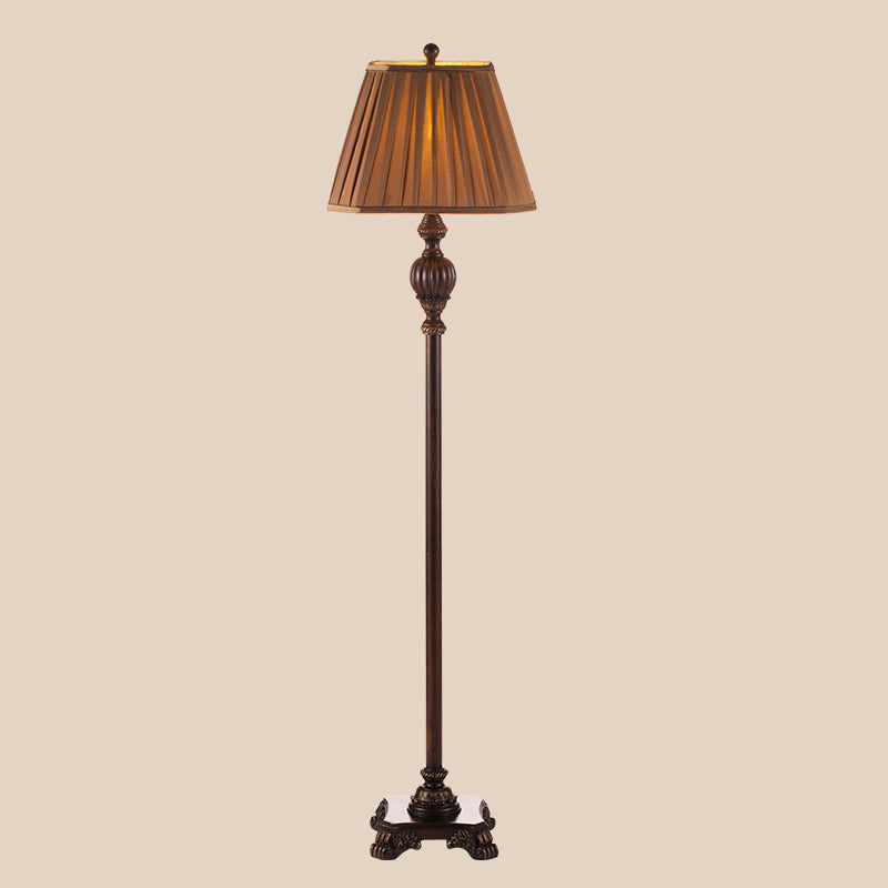 Antique Style Pleated Conical Shade Floor Lamp 1 Light Fabric Floor Light in Brown with Urn-Shaped Base