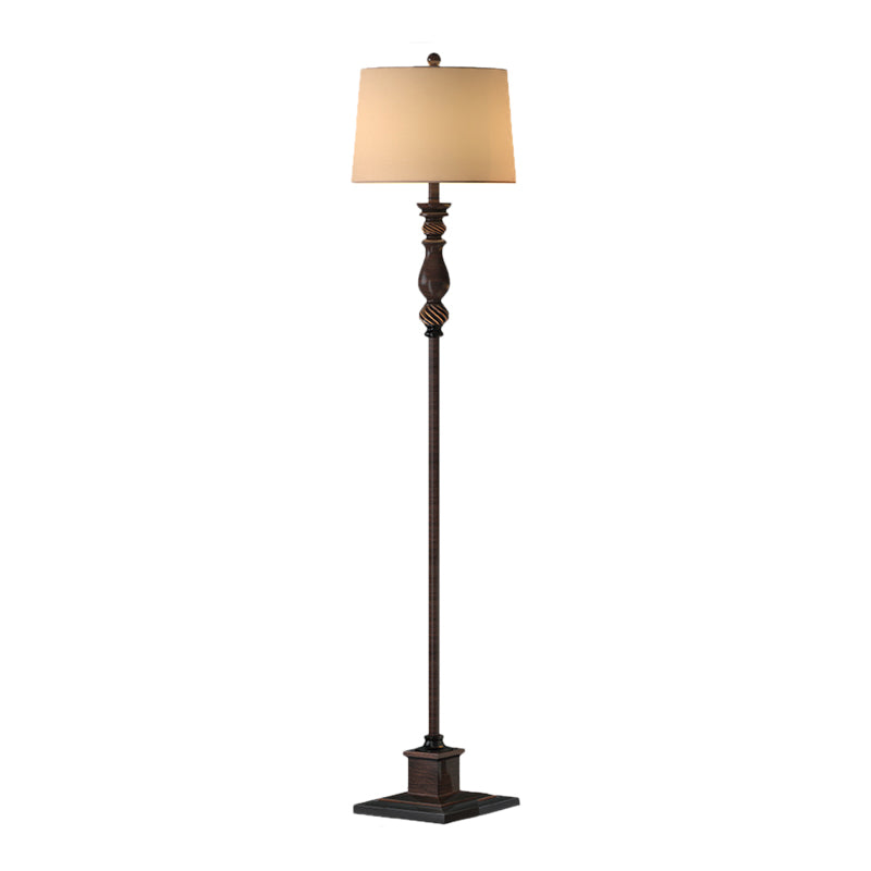 1-Head Resin Reading Floor Lamp Retro Style Brown Carved Study Room Floor Light with Fabric Shade