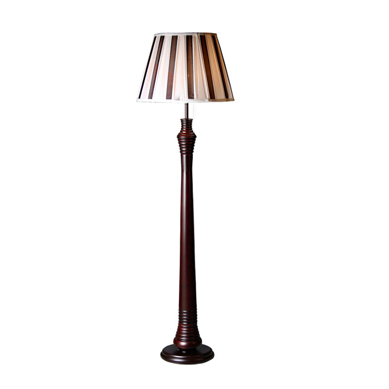 Brown 1-Bulb Standing Lamp Antique Style Fabric Pleated Tapered Shade Floor Light for Study Room