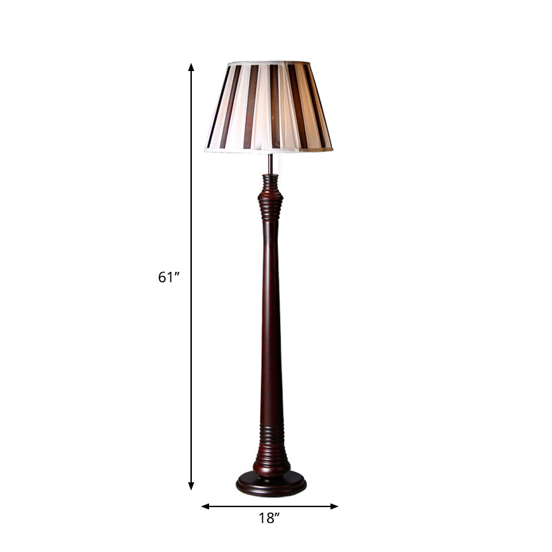 Brown 1-Bulb Standing Lamp Antique Style Fabric Pleated Tapered Shade Floor Light for Study Room