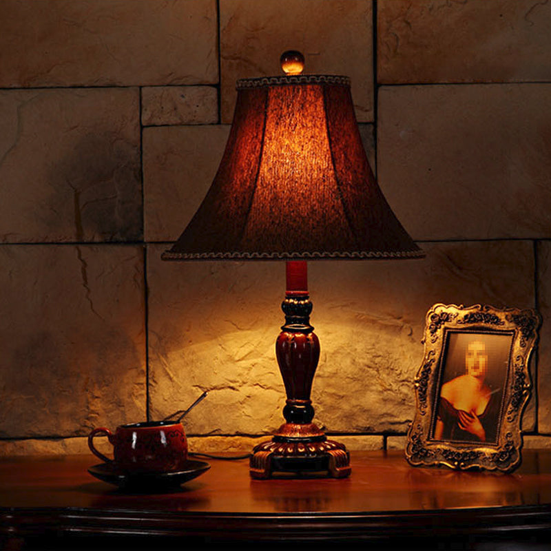 Red Brown 1-Bulb Desk Light Rural Style Fabric Bell Shade Table Lamp with Dragonfly Pattern