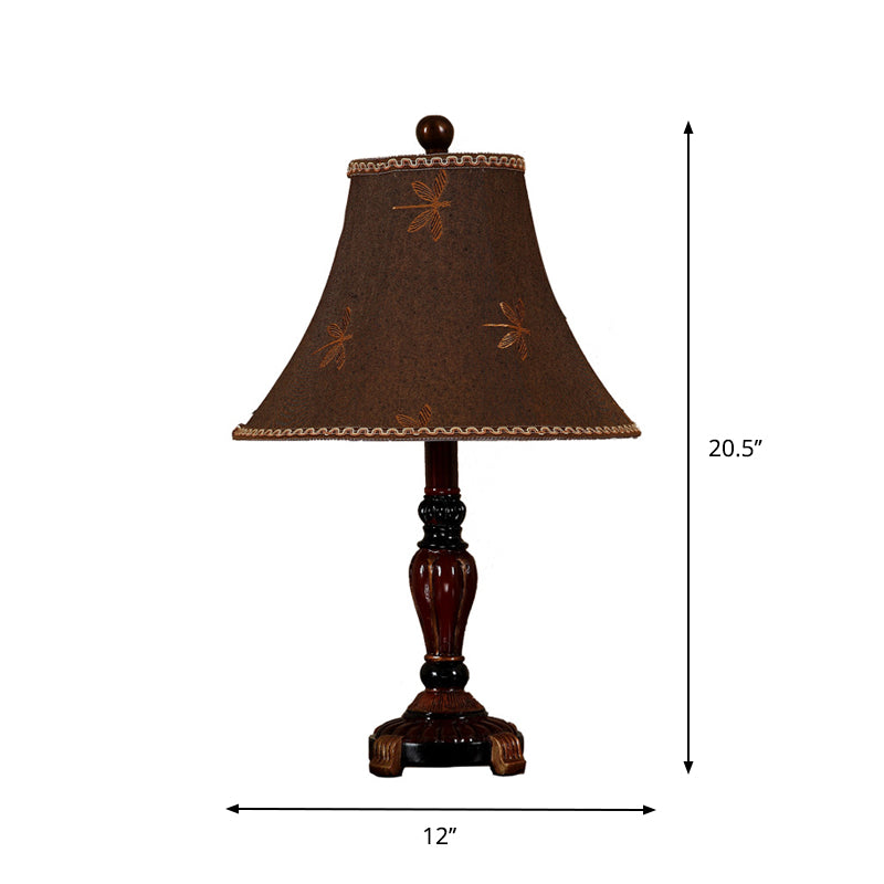 Red Brown 1-Bulb Desk Light Rural Style Fabric Bell Shade Table Lamp with Dragonfly Pattern