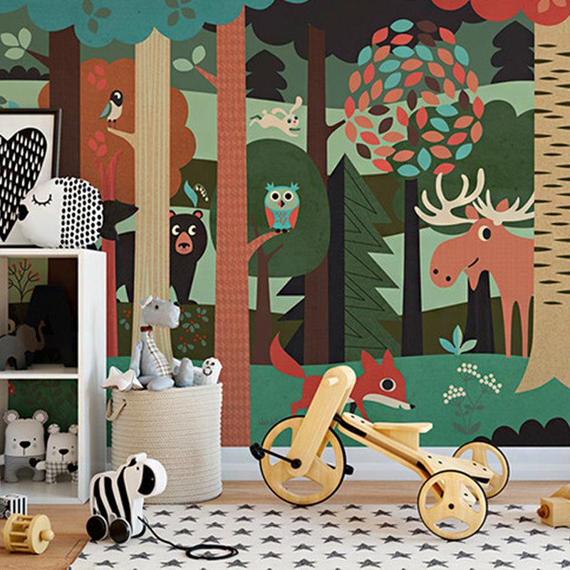 Cartoon Jungle Animal Mural Wallpaper for Child Room Custom Size Wall Art in Dark Color