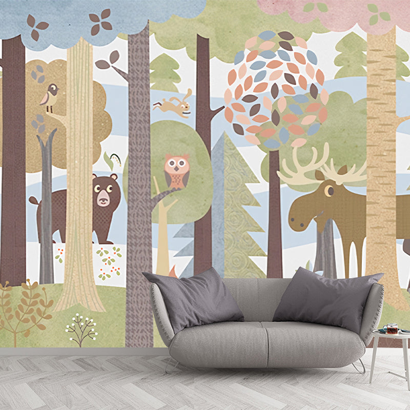 Cartoon Jungle Animal Mural Wallpaper for Child Room Custom Size Wall Art in Dark Color