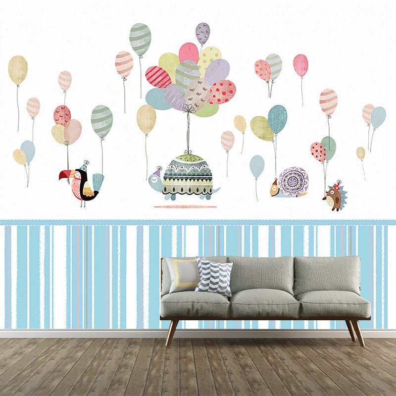 Childrens Art Baby Mural Wallpaper with Animal and Balloon Pattern Pastel Color Wall Covering for Nursery