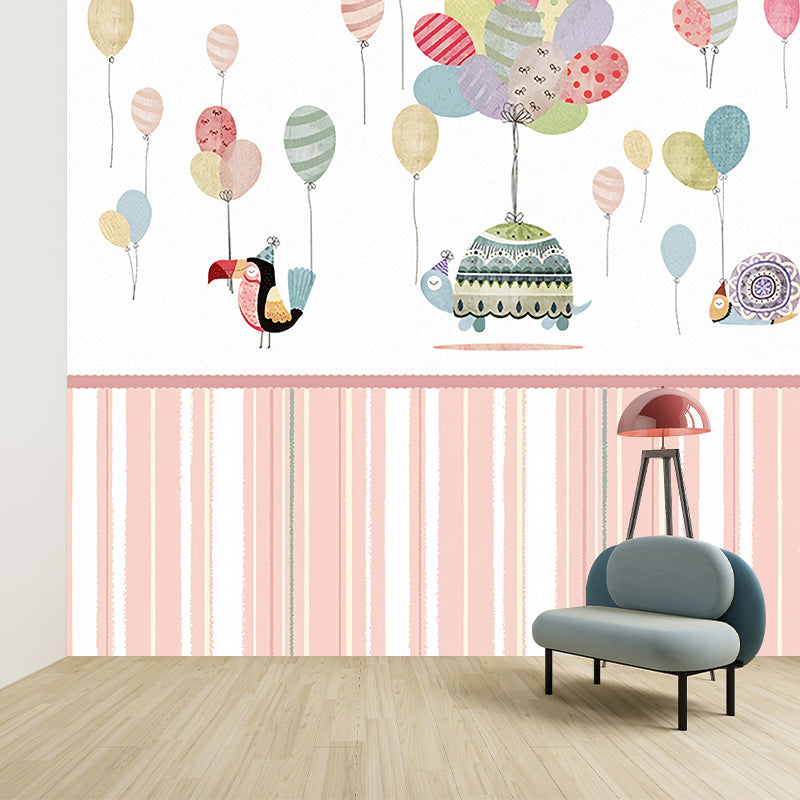 Childrens Art Baby Mural Wallpaper with Animal and Balloon Pattern Pastel Color Wall Covering for Nursery