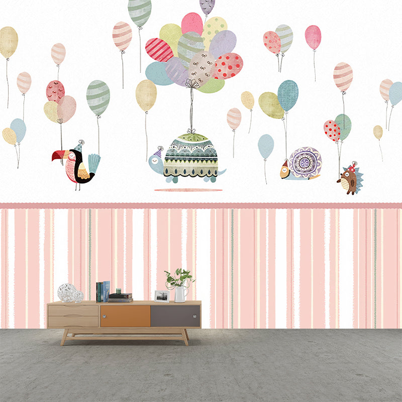 Childrens Art Baby Mural Wallpaper with Animal and Balloon Pattern Pastel Color Wall Covering for Nursery