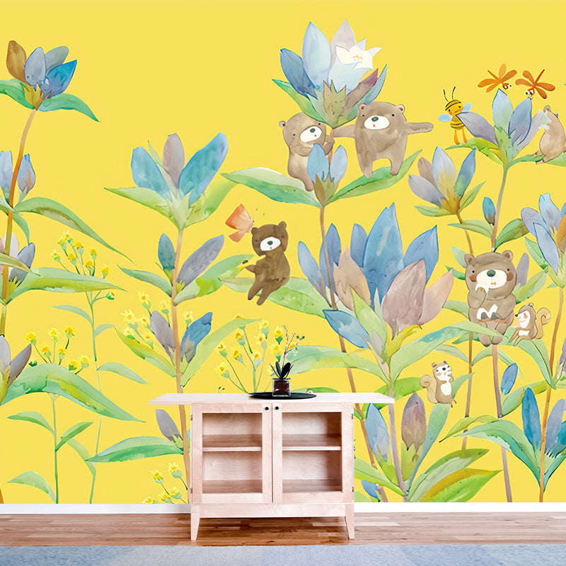 Bear in Flowers Wall Murals Childrens Art Waterproof Baby Room Wall Decor, Custom Size Available