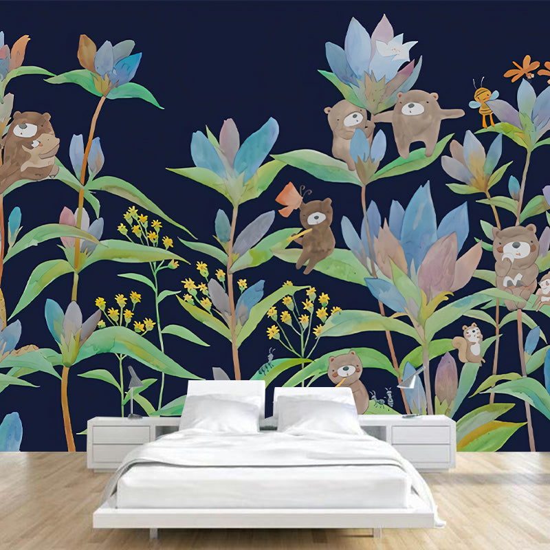 Bear in Flowers Wall Murals Childrens Art Waterproof Baby Room Wall Decor, Custom Size Available