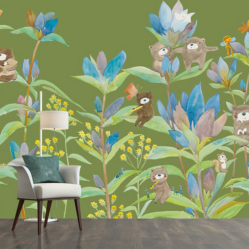 Bear in Flowers Wall Murals Childrens Art Waterproof Baby Room Wall Decor, Custom Size Available