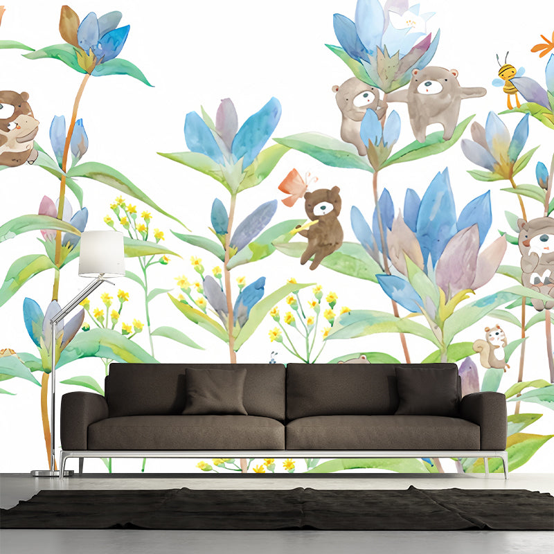 Bear in Flowers Wall Murals Childrens Art Waterproof Baby Room Wall Decor, Custom Size Available