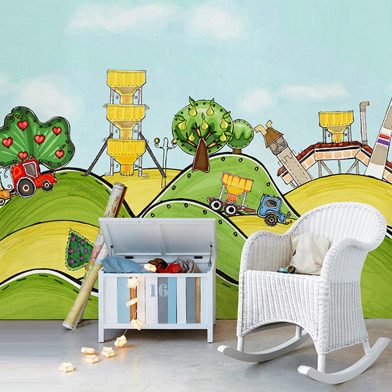 Cartoon Amusement Park Mural Decal for Childrens Bedroom Custom Wall Art in Green-Yellow