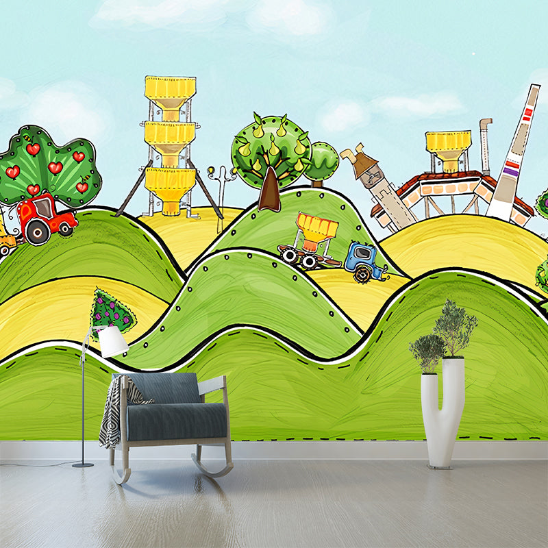 Cartoon Amusement Park Mural Decal for Childrens Bedroom Custom Wall Art in Green-Yellow