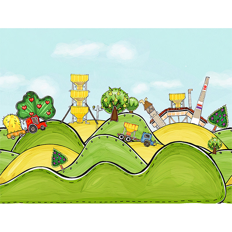 Cartoon Amusement Park Mural Decal for Childrens Bedroom Custom Wall Art in Green-Yellow