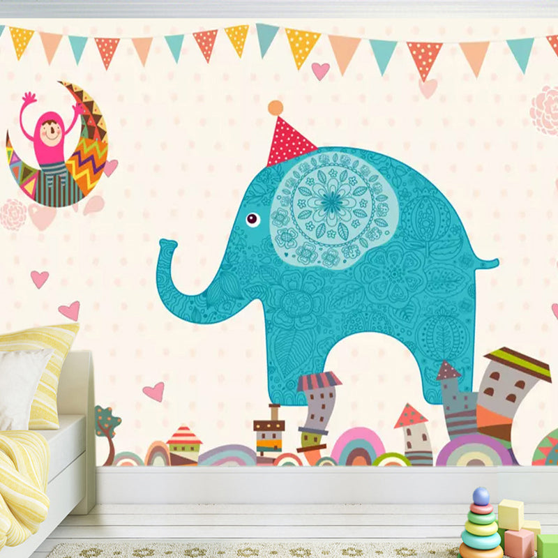 Blue Elephant Print Wall Murals Water Resistant Wall Covering for Nursery School