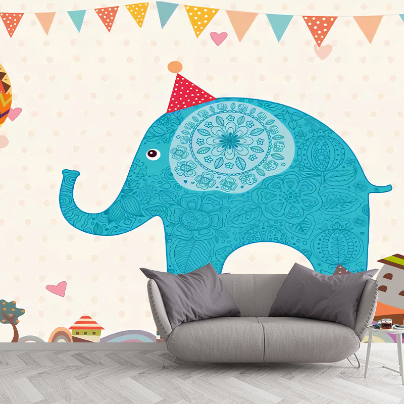 Blue Elephant Print Wall Murals Water Resistant Wall Covering for Nursery School