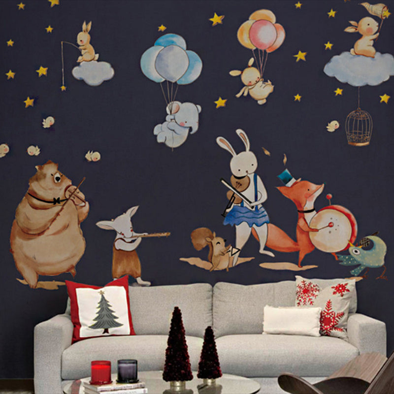 Animal Party Wall Paper Murals Cartoon Non-Woven Fabric Wall Art in Pastel Color