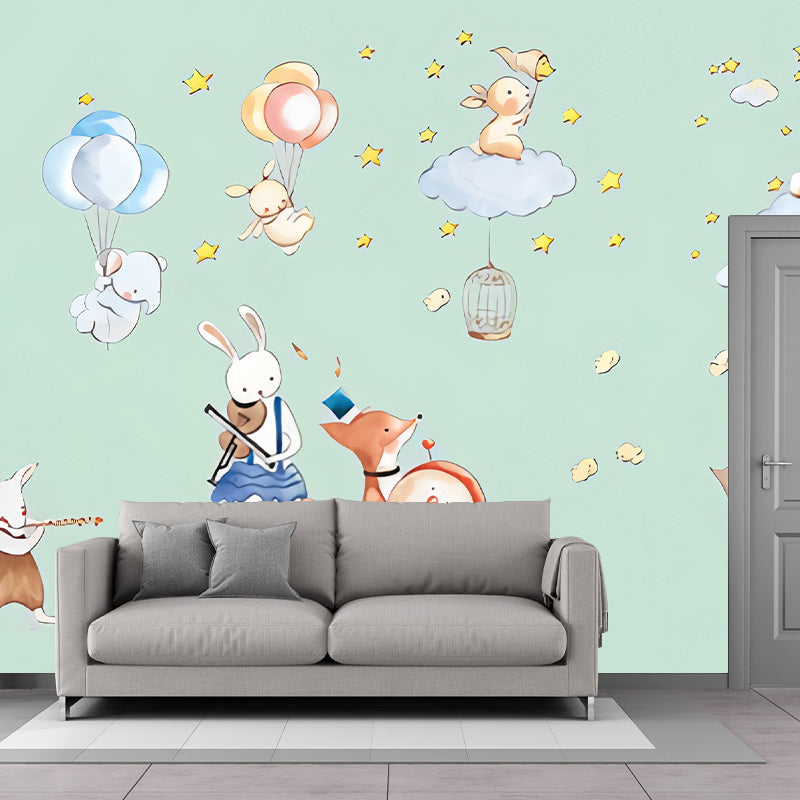 Animal Party Wall Paper Murals Cartoon Non-Woven Fabric Wall Art in Pastel Color