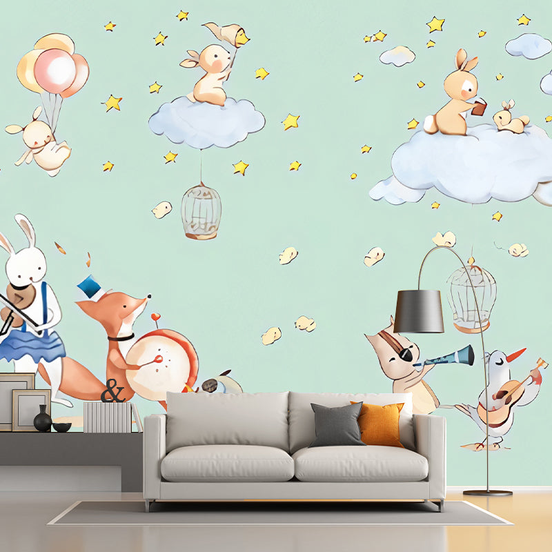 Animal Party Wall Paper Murals Cartoon Non-Woven Fabric Wall Art in Pastel Color