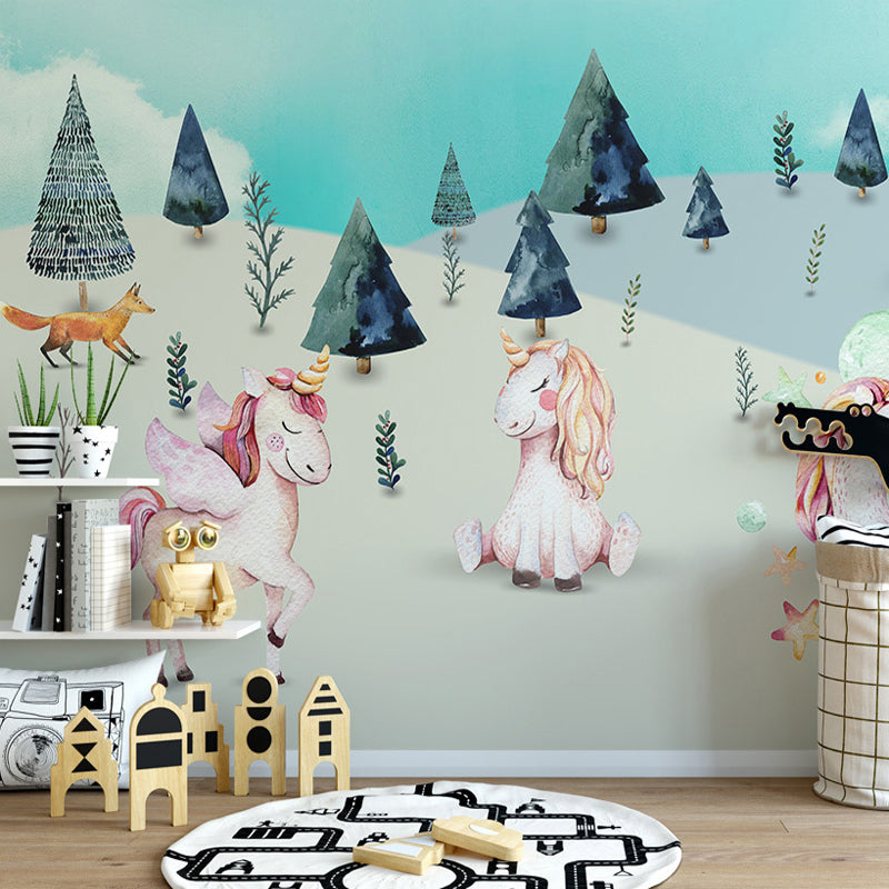 Pink-Blue Cartoon Wallpaper Murals Full Size Unicorn in Wilds Patterned Wall Decor for Kids Playroom