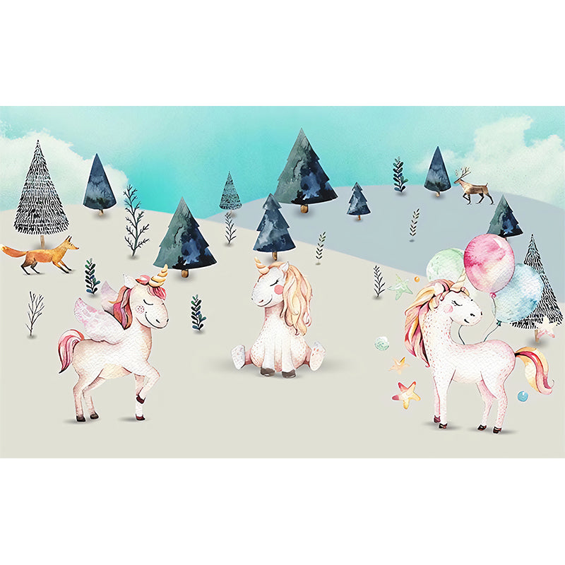 Pink-Blue Cartoon Wallpaper Murals Full Size Unicorn in Wilds Patterned Wall Decor for Kids Playroom