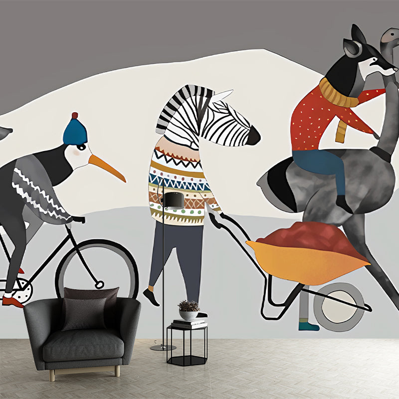 Cycling Animals Mural Wallpaper Cartoon Non-Woven Cloth Wall Covering in Grey-White