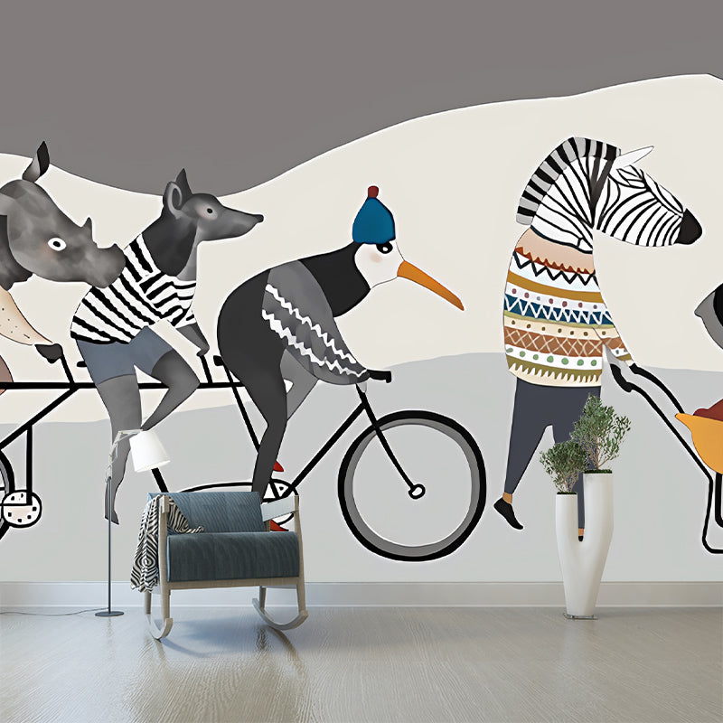 Cycling Animals Mural Wallpaper Cartoon Non-Woven Cloth Wall Covering in Grey-White